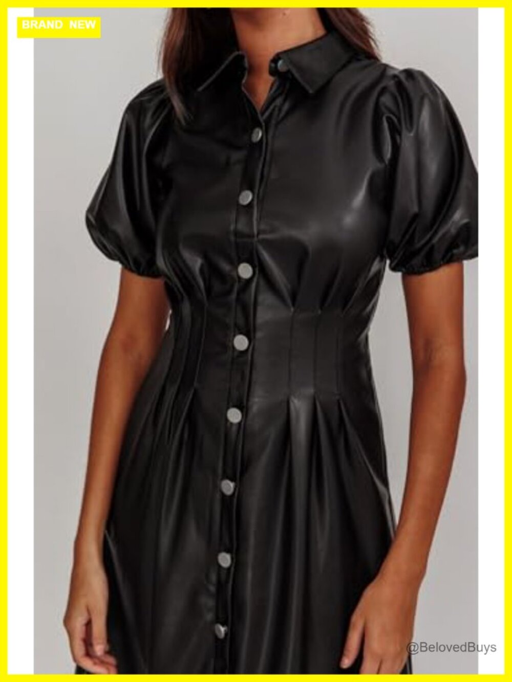 Women's Faux Leather Pleated A-Line Midi Dress - Short Sleeve - Picture 4 of 4